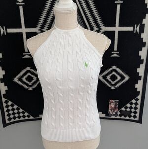 🥰 Vintage Y2K Ralph Lauren Cotton Chunky Cable Knit Halter Sweater, White, M